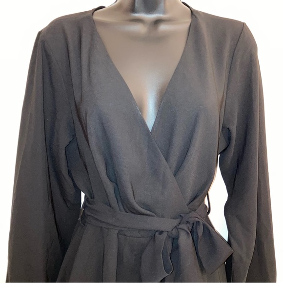 NEW Formal Black Bow Faux Wrap Long Sleeve Sexy Fit Flare Spring Cocktail Dress - Picture 4 of 17